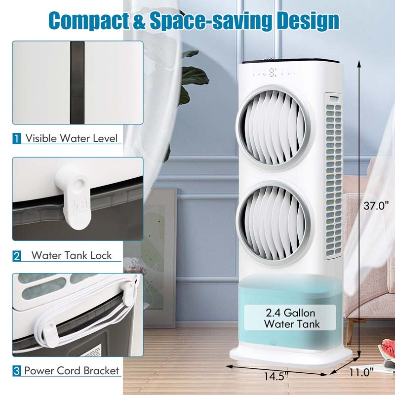 3-in-1 Evaporative Air Cooler Fan, Portable Quiet Swamp Cooler with 5 Speeds, 9H Timer, 2.4 Gal Water Tank