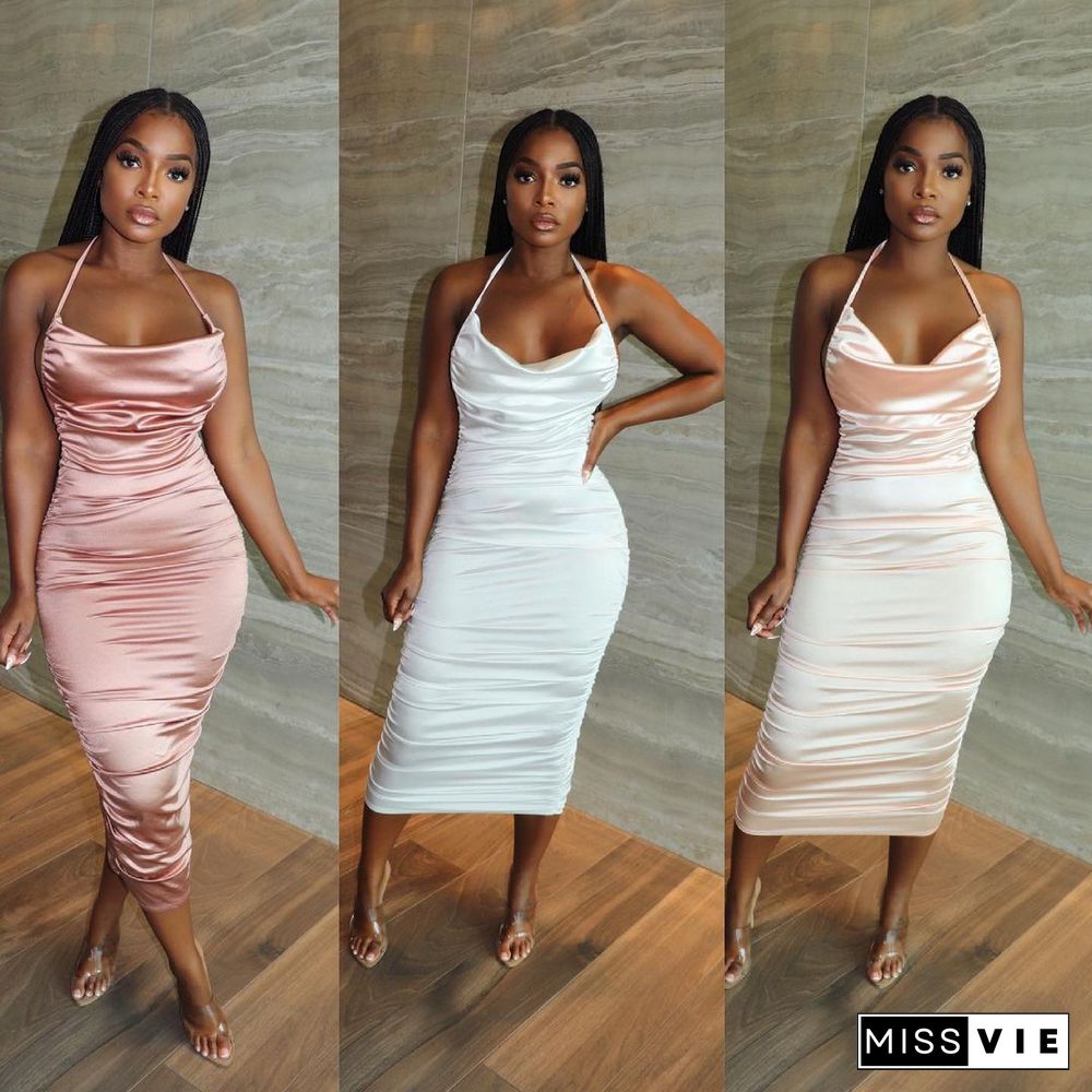 Fashion Women Summer Solid Color Sleeveless Halter Bandage Backless Skinny Package Hip Pleated Long Dress