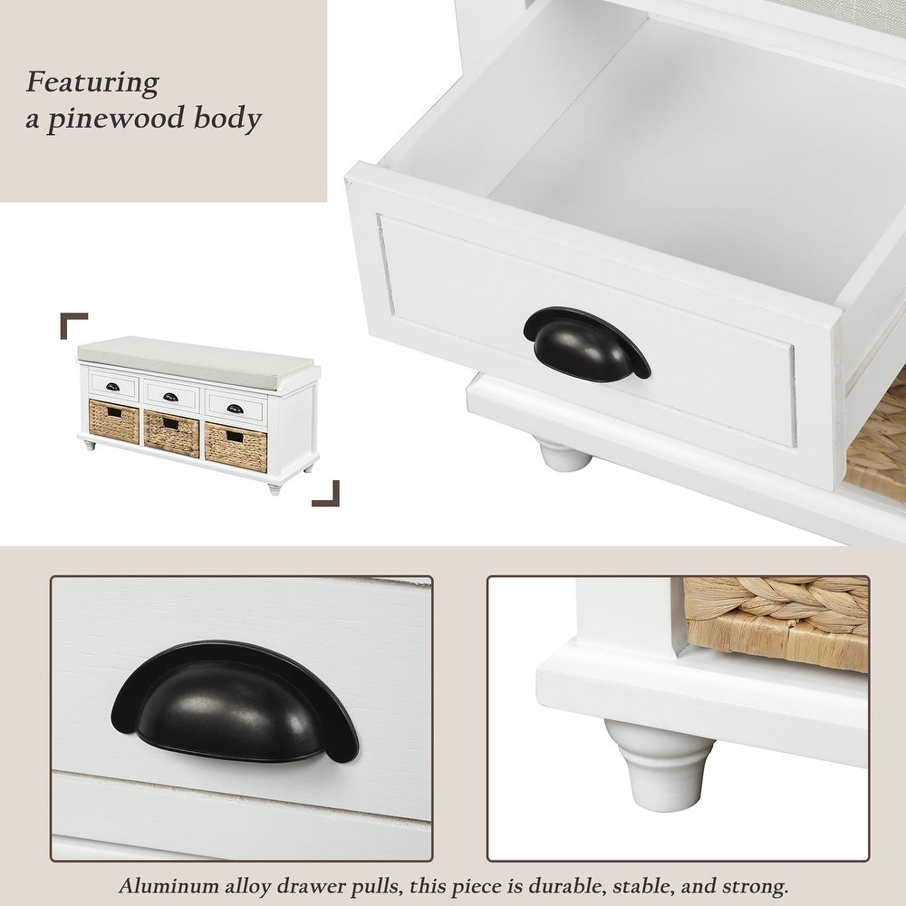 Storage Bench with Drawers and Rattan Baskets Entryway Shoe Bench