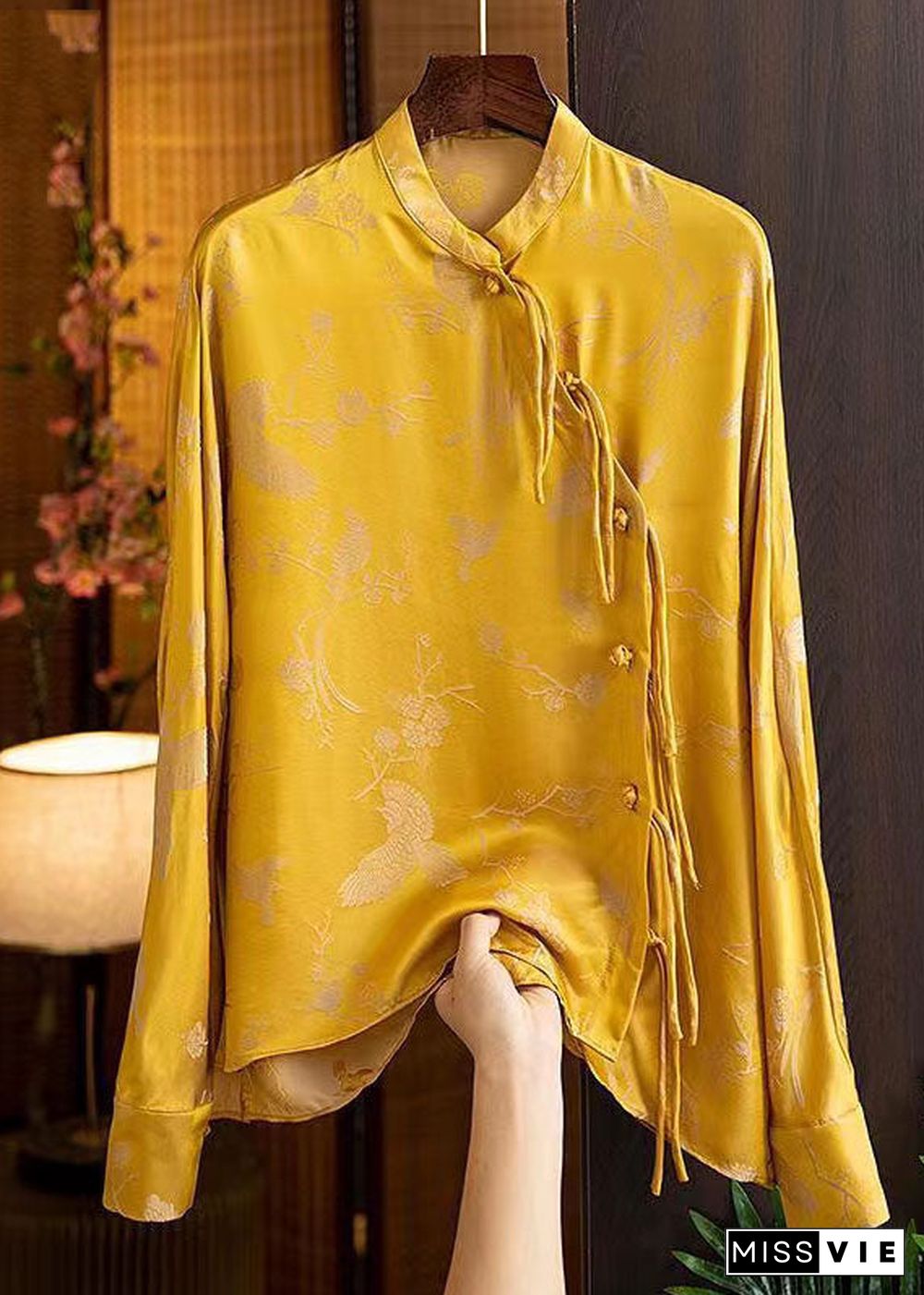 Vintage Yellow V Neck Asymmetrical Design Wrinkled Print Blouse Top Lantern Sleeve