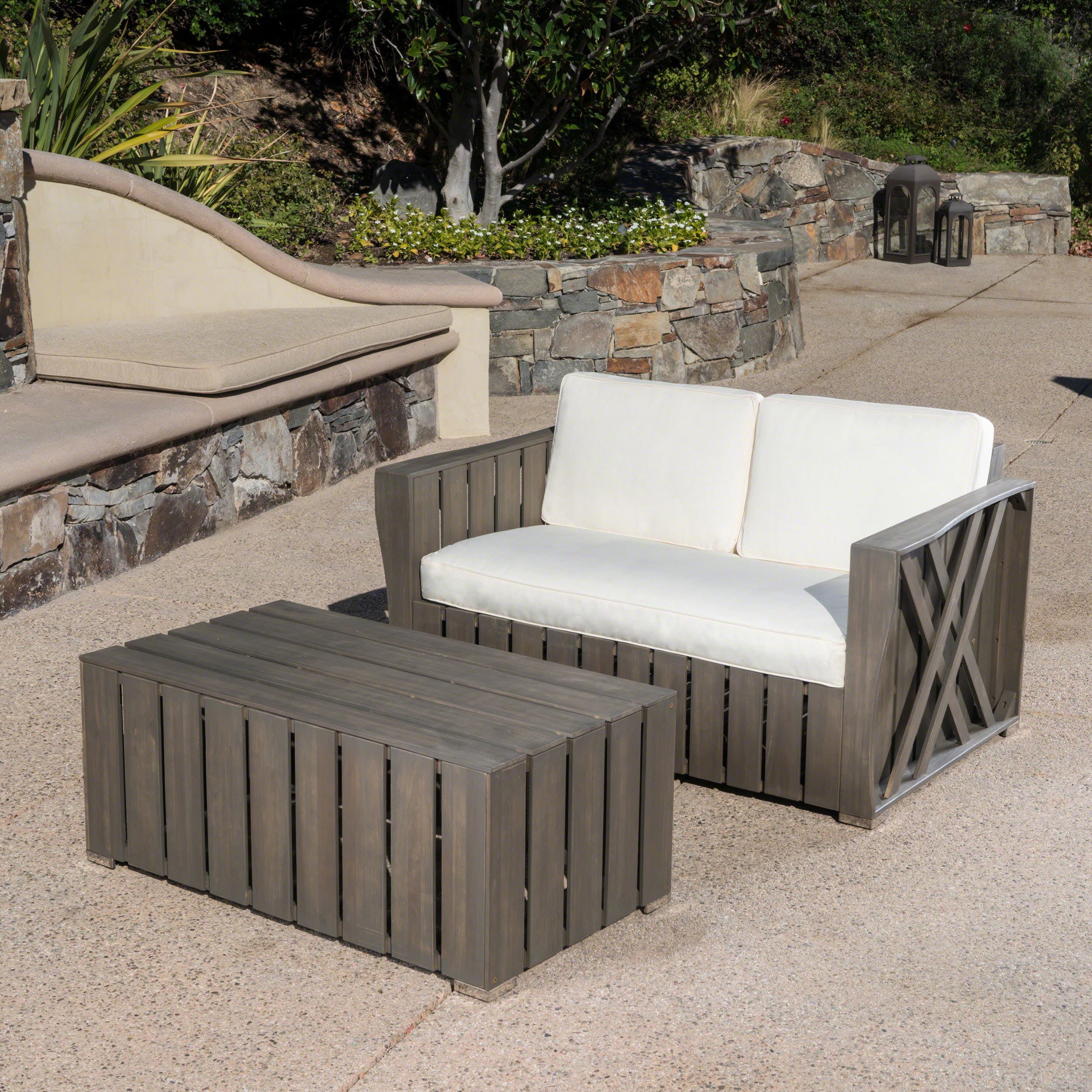 Edward Outdoor Acacia Wood Loveseat and Coffee Table Set with Cushions