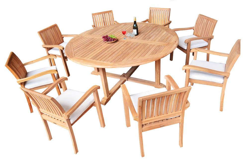 9 Piece Outdoor Patio Teak Dining Set  72 quotRound Table  8 Nain Stacking Chair   Contemporary   Outdoor Dining Sets   by Teak Deals  Houzz