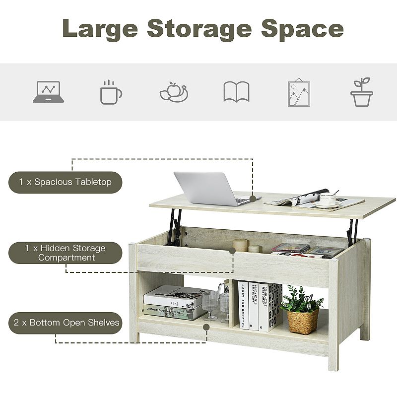 Lift Top Coffee Table with Hidden Storage Compartment and Lower Shelf for Study Room