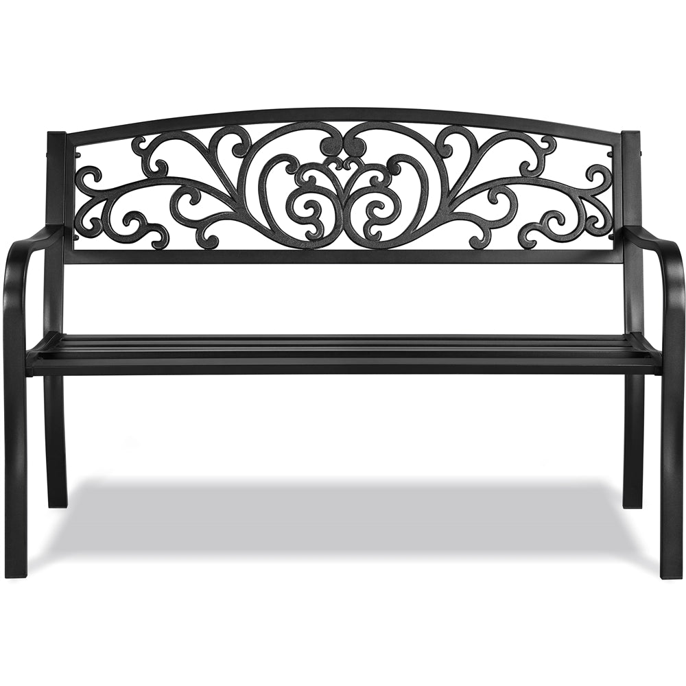 SMILE MART Outdoor Metal Garden Bench with Scroll Pattern, Black