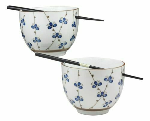 1 Ceramic String Flowers Ramen Noodles Bowl and Chopsticks Set of 2 EBR02