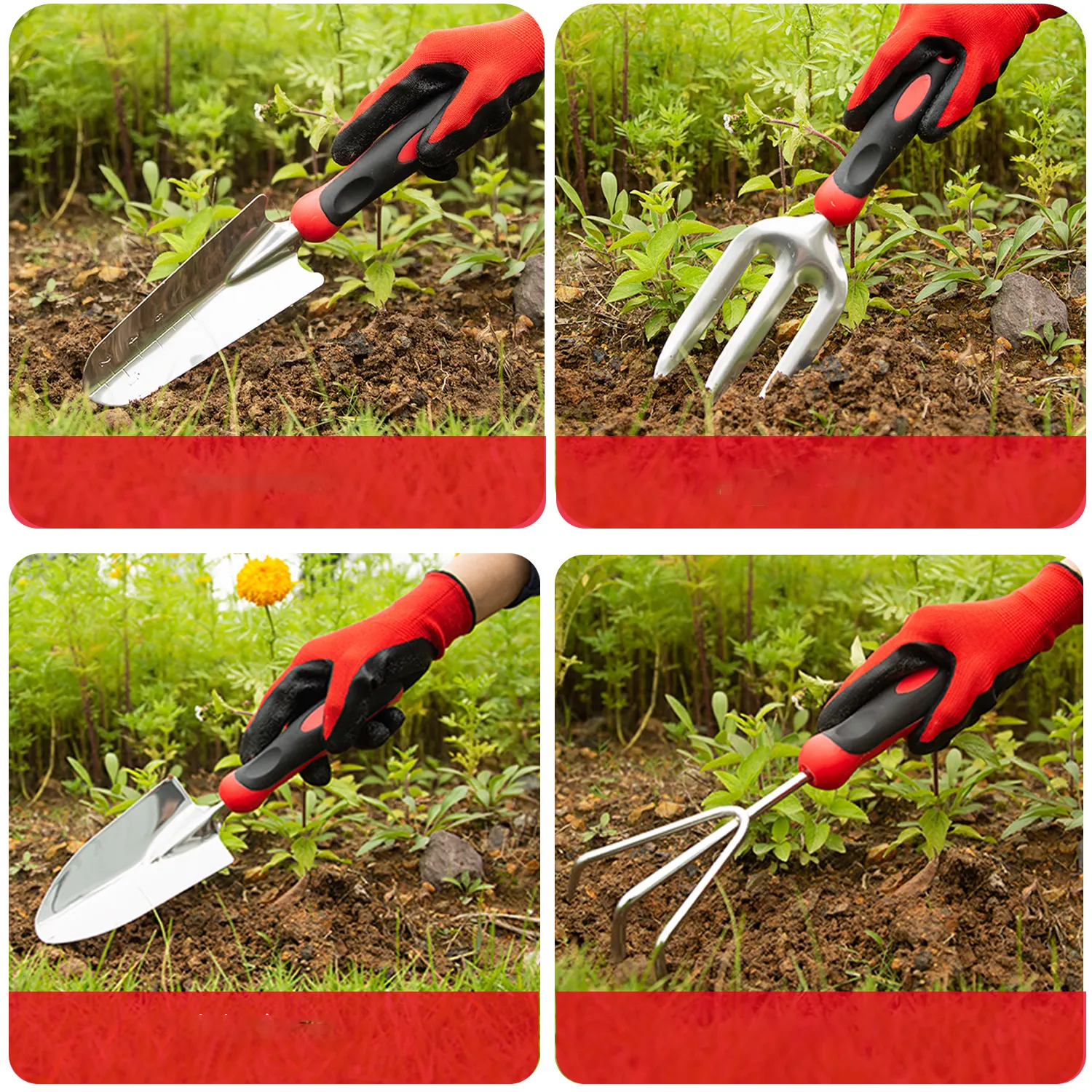 Red and black stainless steel garden tool set Weeding and planting gardening scissors water bottle multifunctional garden tools