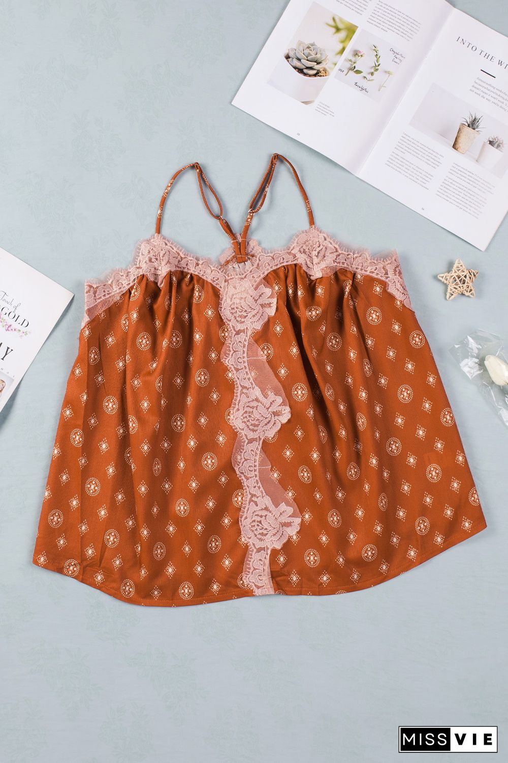 Brown Boho Printed Lace Neckline Flowy Tank Top