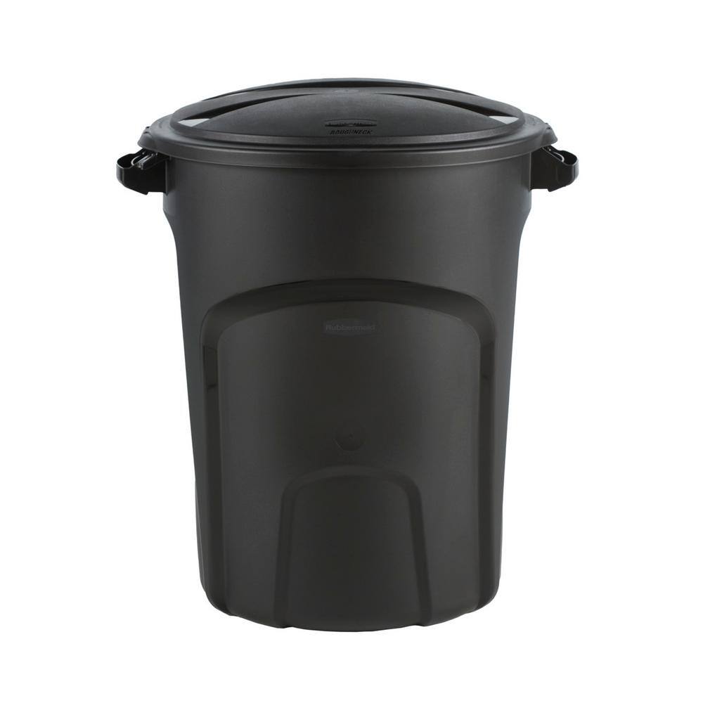 Rubbermaid Roughneck 32 Gal. Vented Black Round Trash Can with Lid 2149500