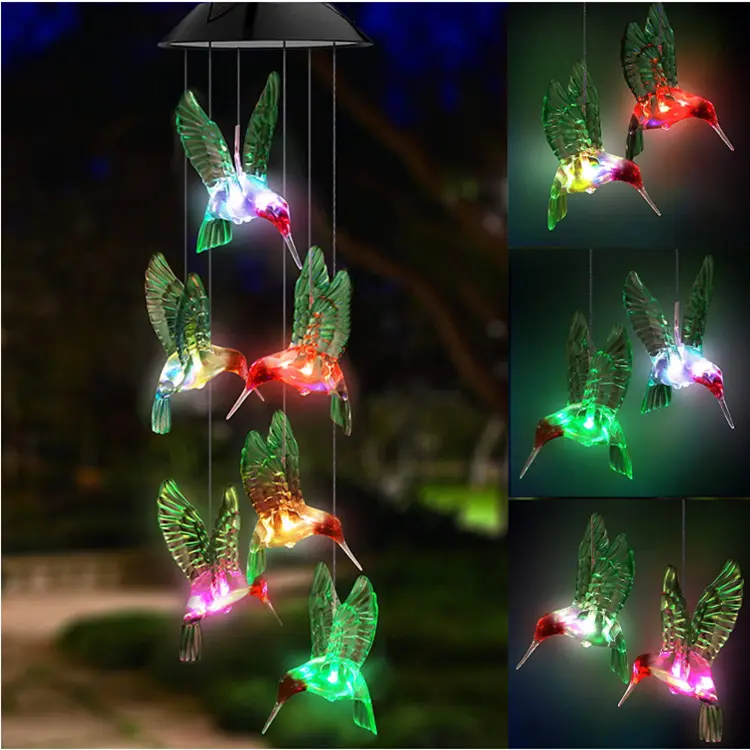 Solar Power Wind Chime Hummingbird Mobile Portable Waterproof Outdoor Romantic Wind Bell Light for Patio Yard Garden Home