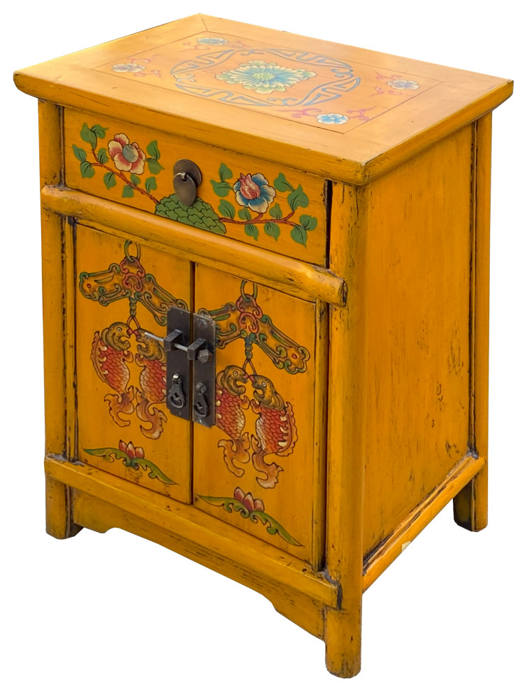 Chinese Distressed Mango Yellow Fishes Graphic End Table Nightstand Hcs7186   Asian   Side Tables And End Tables   by Golden Lotus Antiques  Houzz