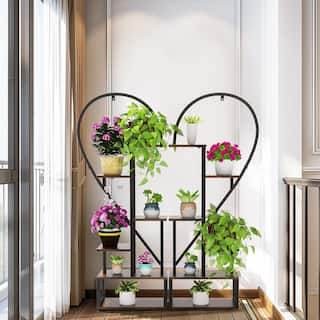 AESOME 53.7 in. x 17.7 in. x 9.5 in. Indoor Metal Plant Stand Half Heart Shaped Ladder Rack with Wooden Shelf 6-Tier (2-Pack) HJ1241S