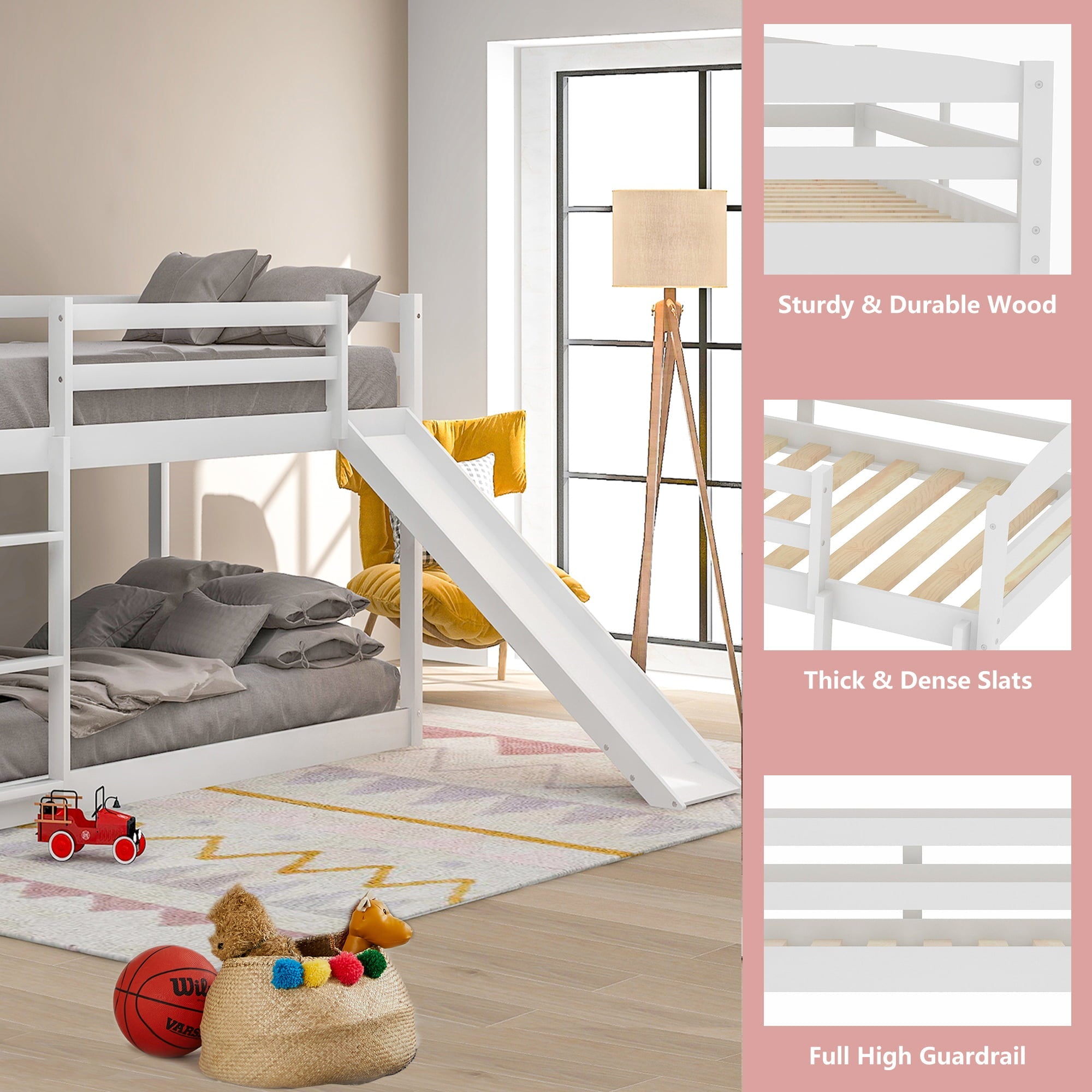 Sesslife Wood Floor Bunk Bed with Convertible Slide and Ladder for Boys Girls Toddlers, White Twin Over Twin Bunk Bed for Home Children’s Room, TE850