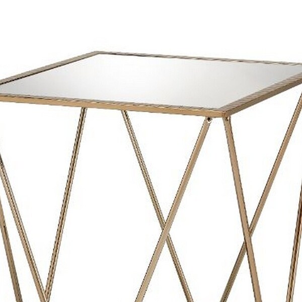 End Table with Mirror Top and Open Geometric Base， Champagne Gold