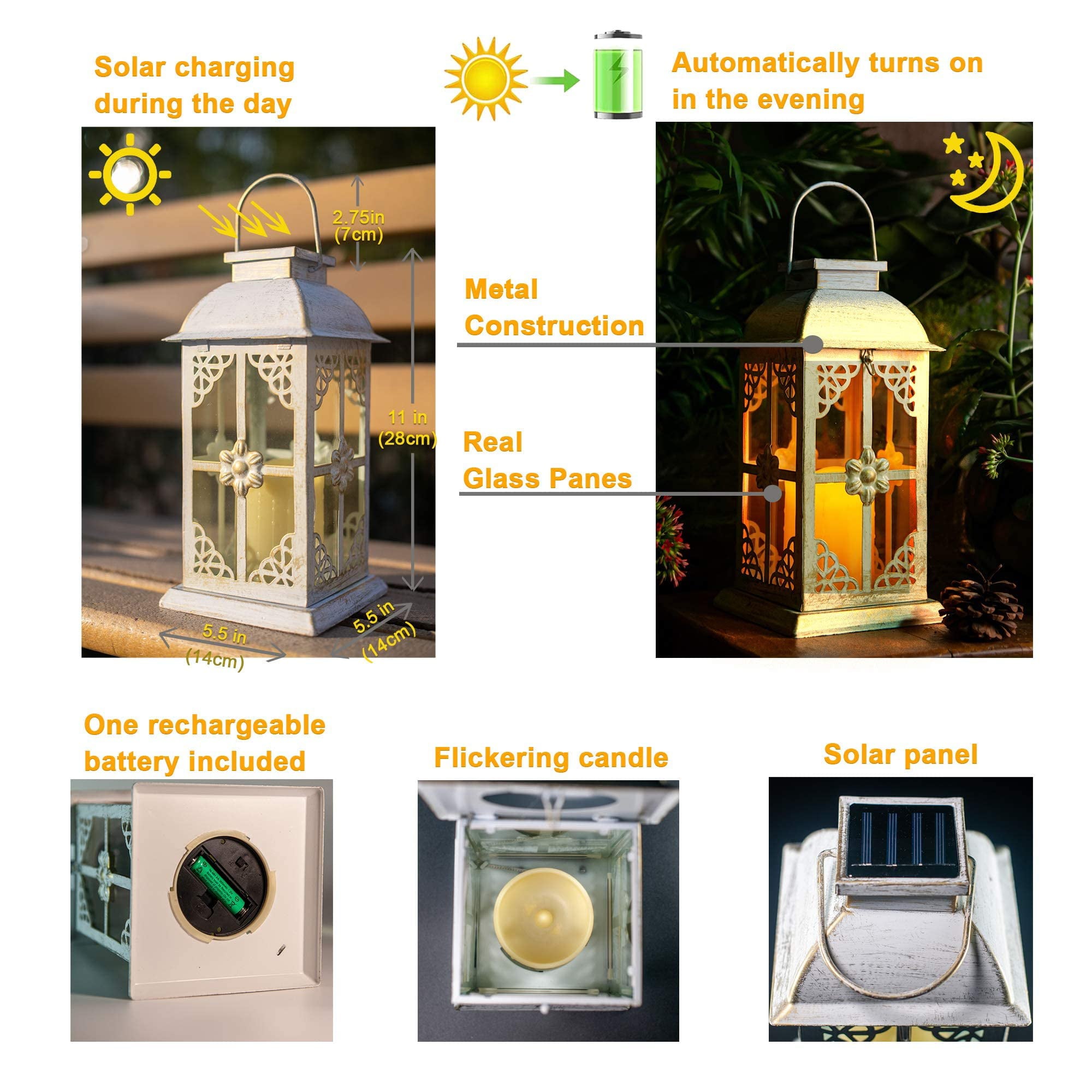 Solar Lantern Outdoor Hyacinth White Decor Antique Metal and Glass Construction Mission Solar Garden Lantern Indoor and Outdoor Solar Hanging Lantern Entirely Solar Powered Lantern of Low Maintenance