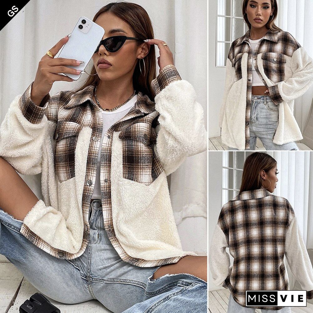 Autumn And Winter New Women's Plaid Coats Lapel Single-breasted Contrast Color Stitching Plaid Plush Jacket Coat Women