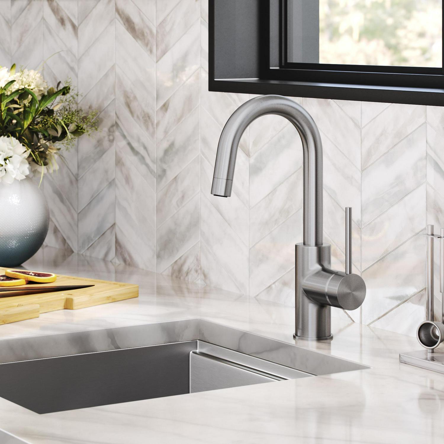 KRAUS Spot Free Oletto Single Handle Kitchen Bar Faucet in all-Brite Stainless Steel Finish