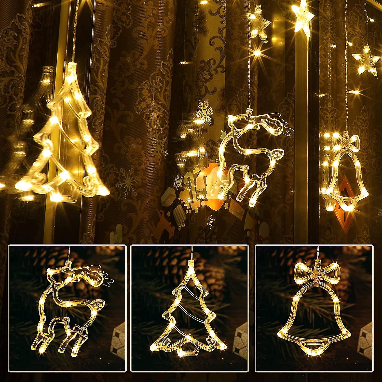 Curtain Fairy Lights， 138 Led Star Curtain String Lights With Christmas Tree Reindeer Bells 8 Flash Modes Plug-in Indoor Outdoor Decor Lightning Chris