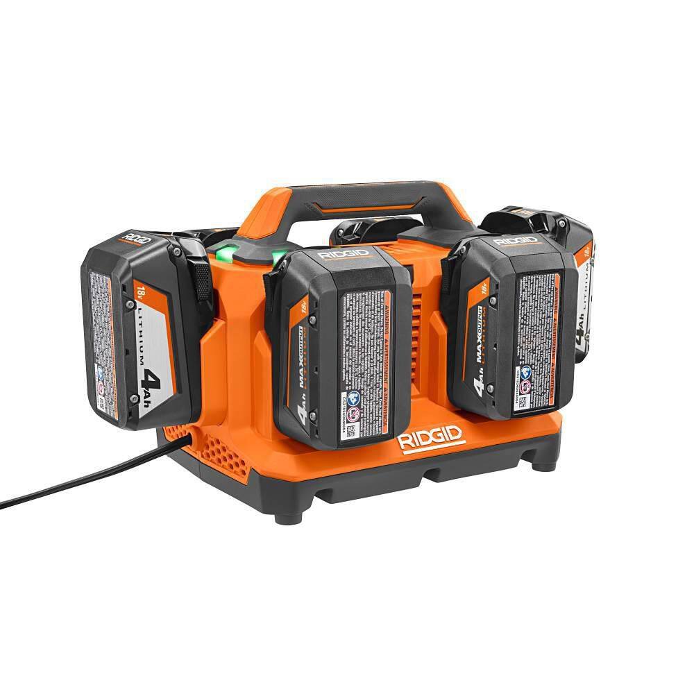 RIDGID 18V 6-Port Sequential Charger with 4.0 Ah Lithium-Ion Battery (2-Pack) AC86096-AC87004P