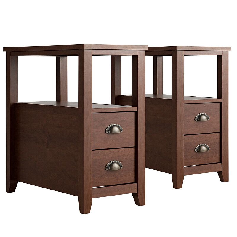 Set Of 2 End Table Wooden With 2 Drawer and Shelf Bedside Table