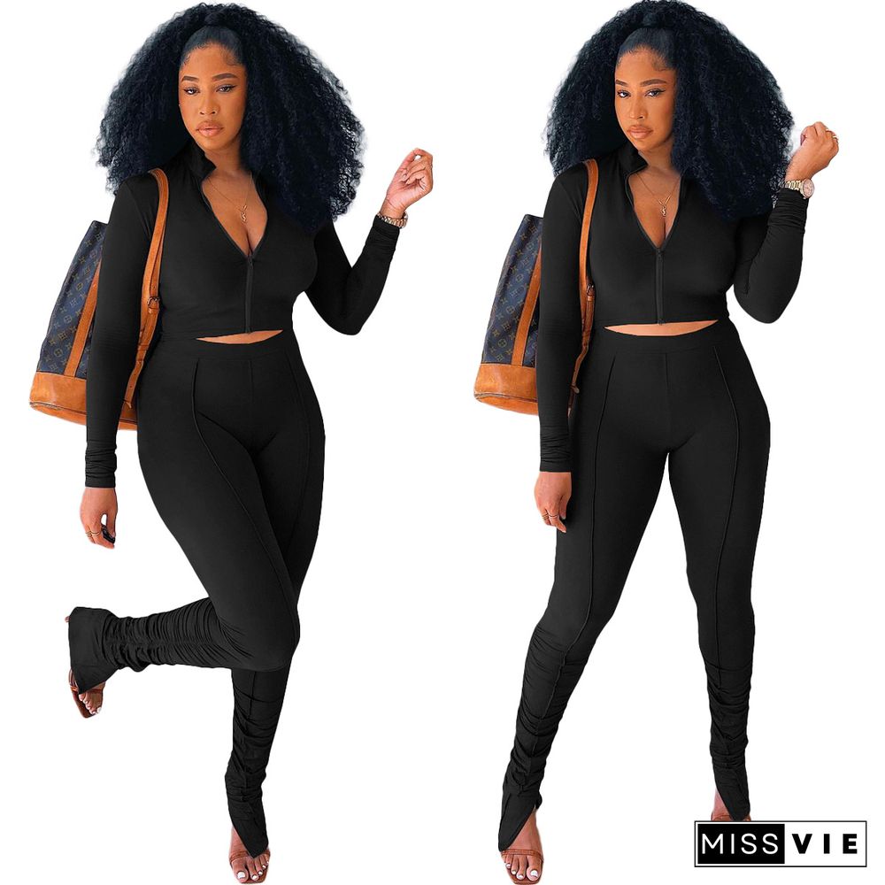 Long Sleeve Zip Crop Top Slim Pleated Pants Set