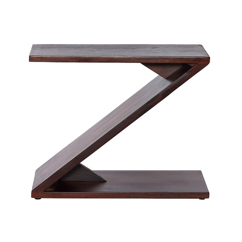 24 Inch Rectangular Mango Wood Side Table， Z Shaped Frame， Dark Brown