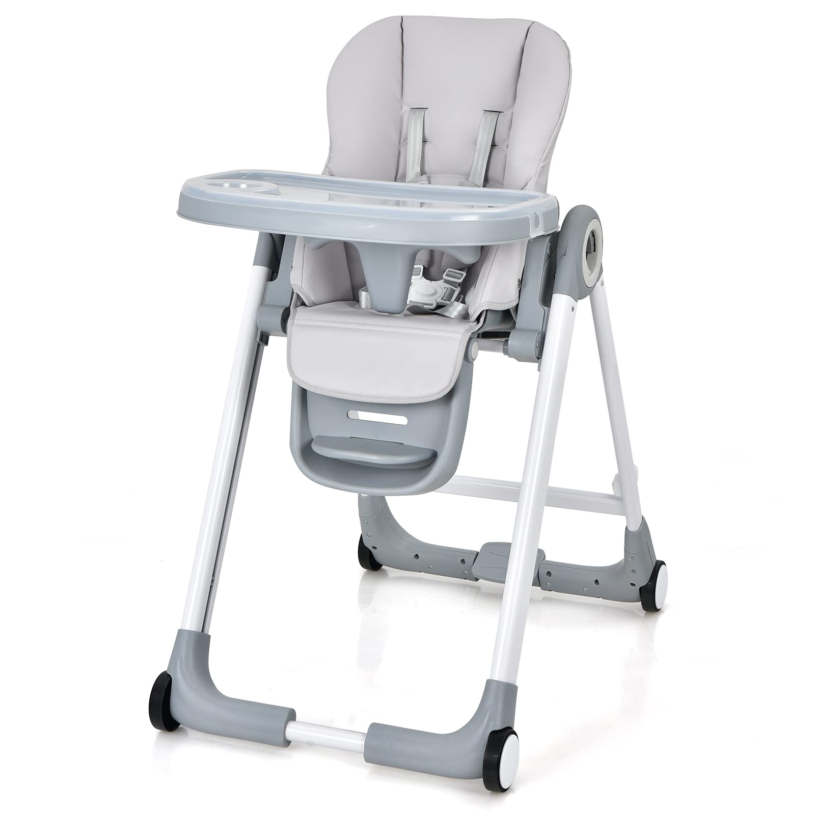 Baby High Chair, Folding Highchair w/ 4 Wheels, One-Step Brake