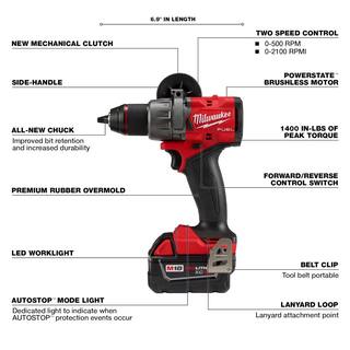 MW M18 FUEL 18V Lithium-Ion Brushless Cordless 12 in. DrillDriver Kit W(2) 5.0Ah Batteries Charger and Hard Case 2903-22