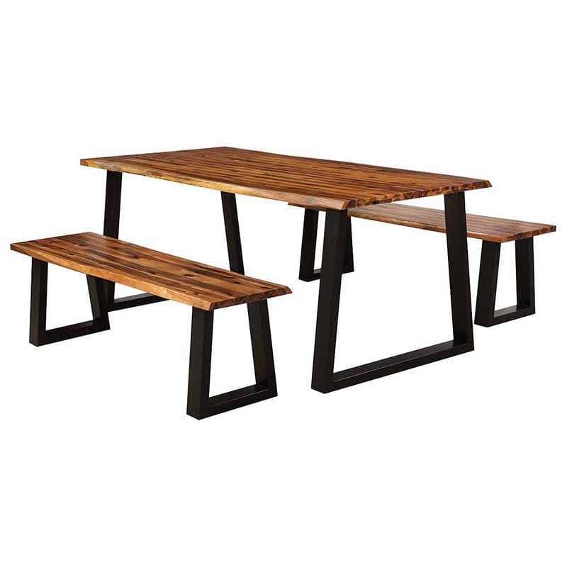 3 Pcs Rustic Acacia Wood Dining Table Set with 2 Benches, Indoor & Outdoor Picnic Table Bench with Metal Legs