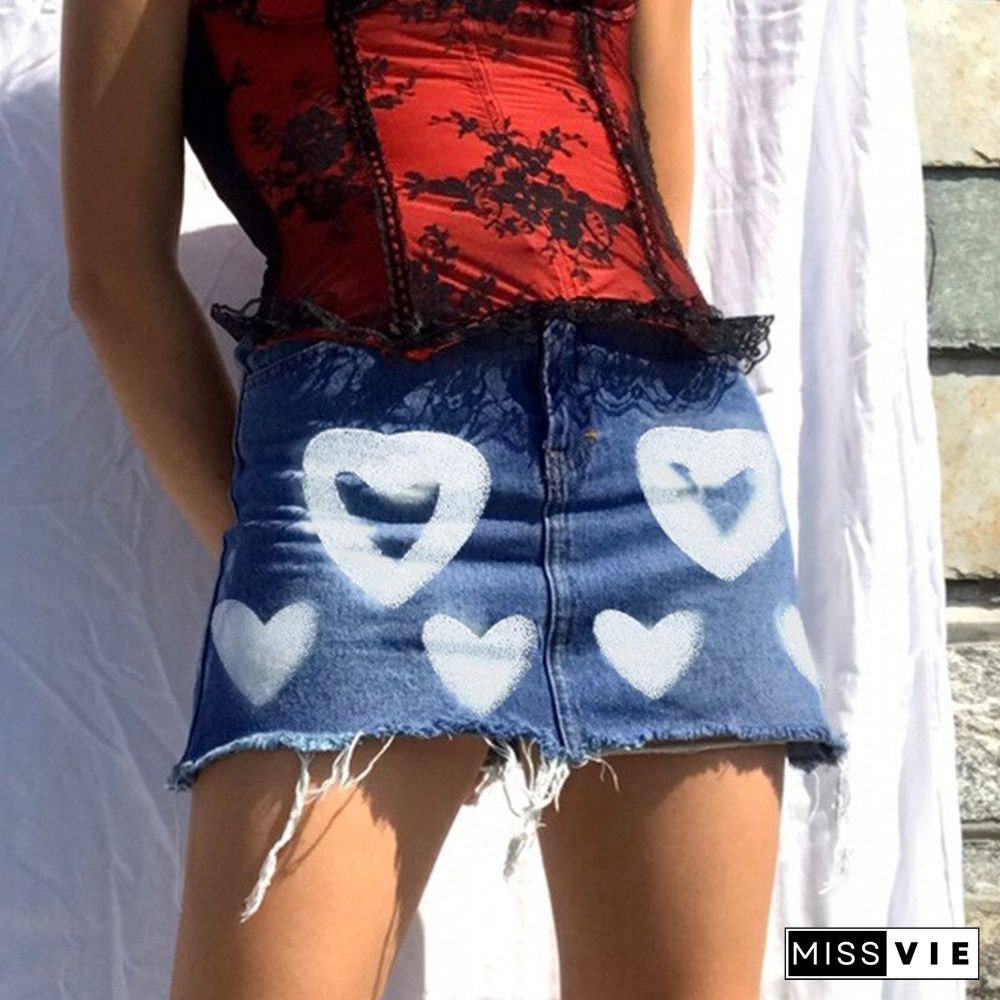 Y2K Harajuku Summer High Waist Denim Skirt A Line Heart Print Mini Skirts Aesthetic Casual Cute Korean Fashion Denim Skirt