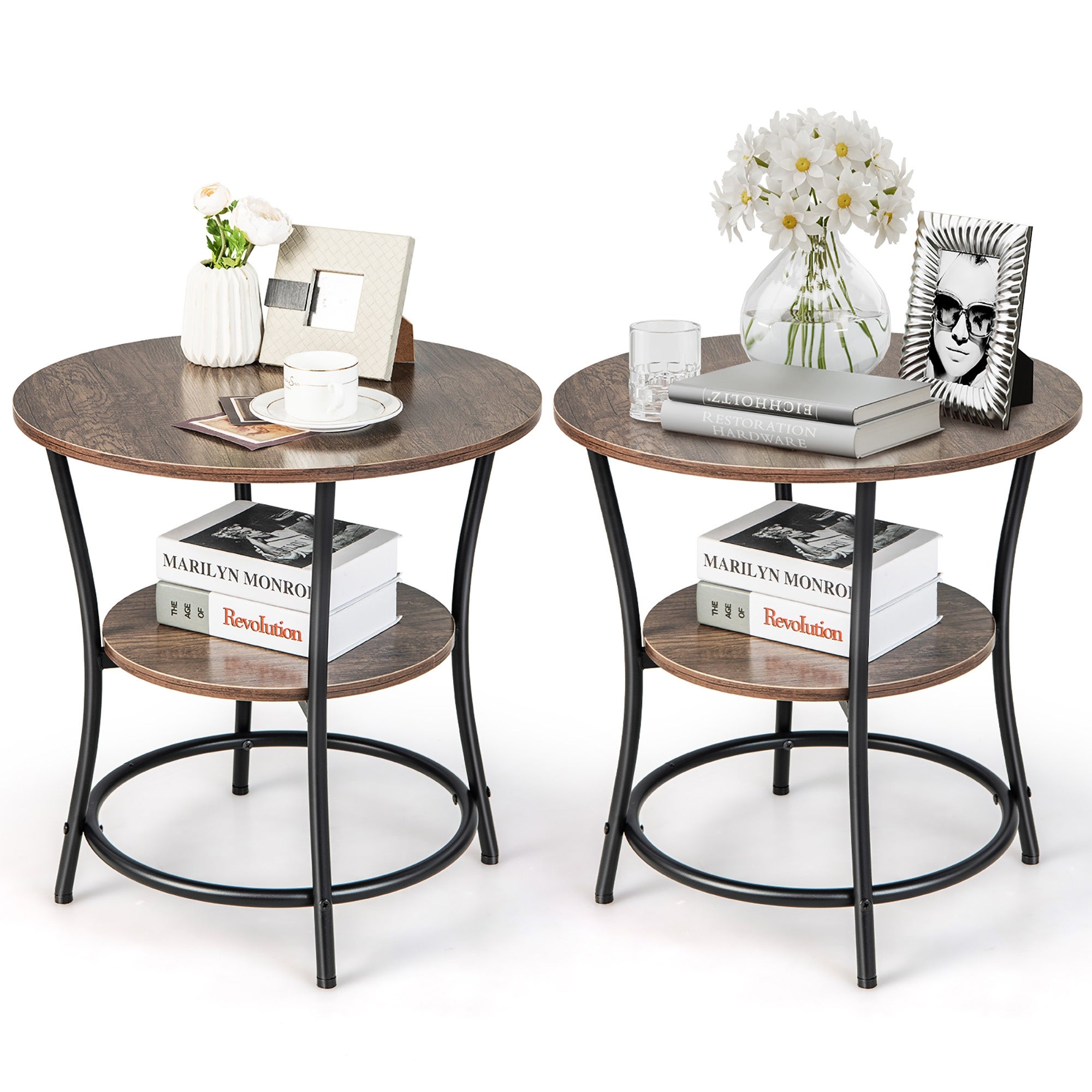 2 PCS 2-Tier Sofa Side End Table Round Nightstand with Metal Frame