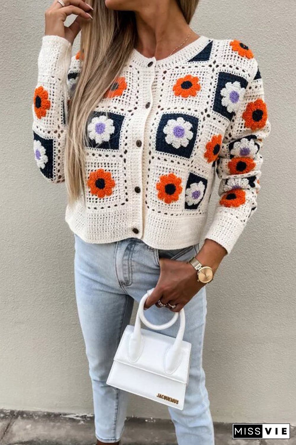 Square Crochet Crop Button Cardigan