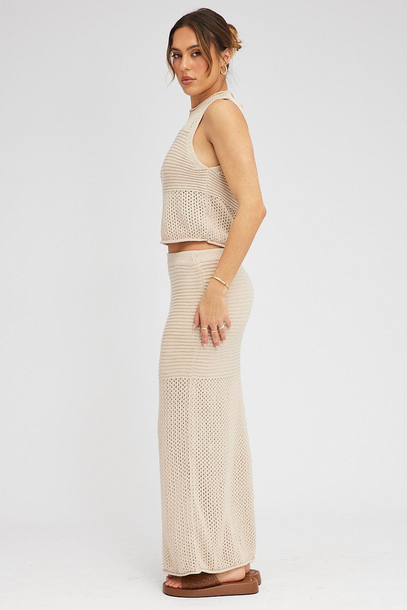 Beige Knit Skirt Midi Crochet