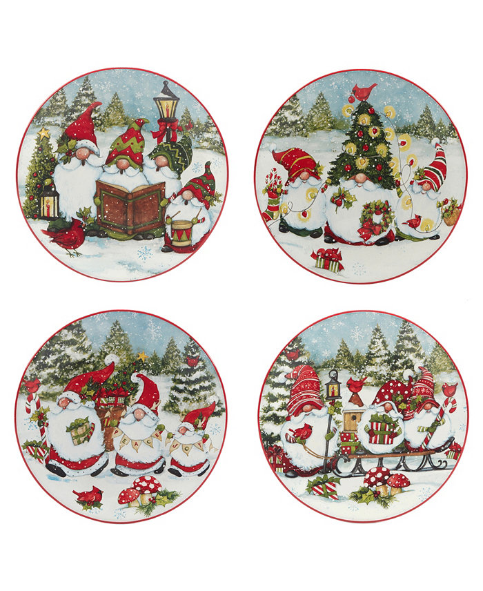 Certified International Christmas Gnomes 9 Dessert Plates Set of 4 Service for 4