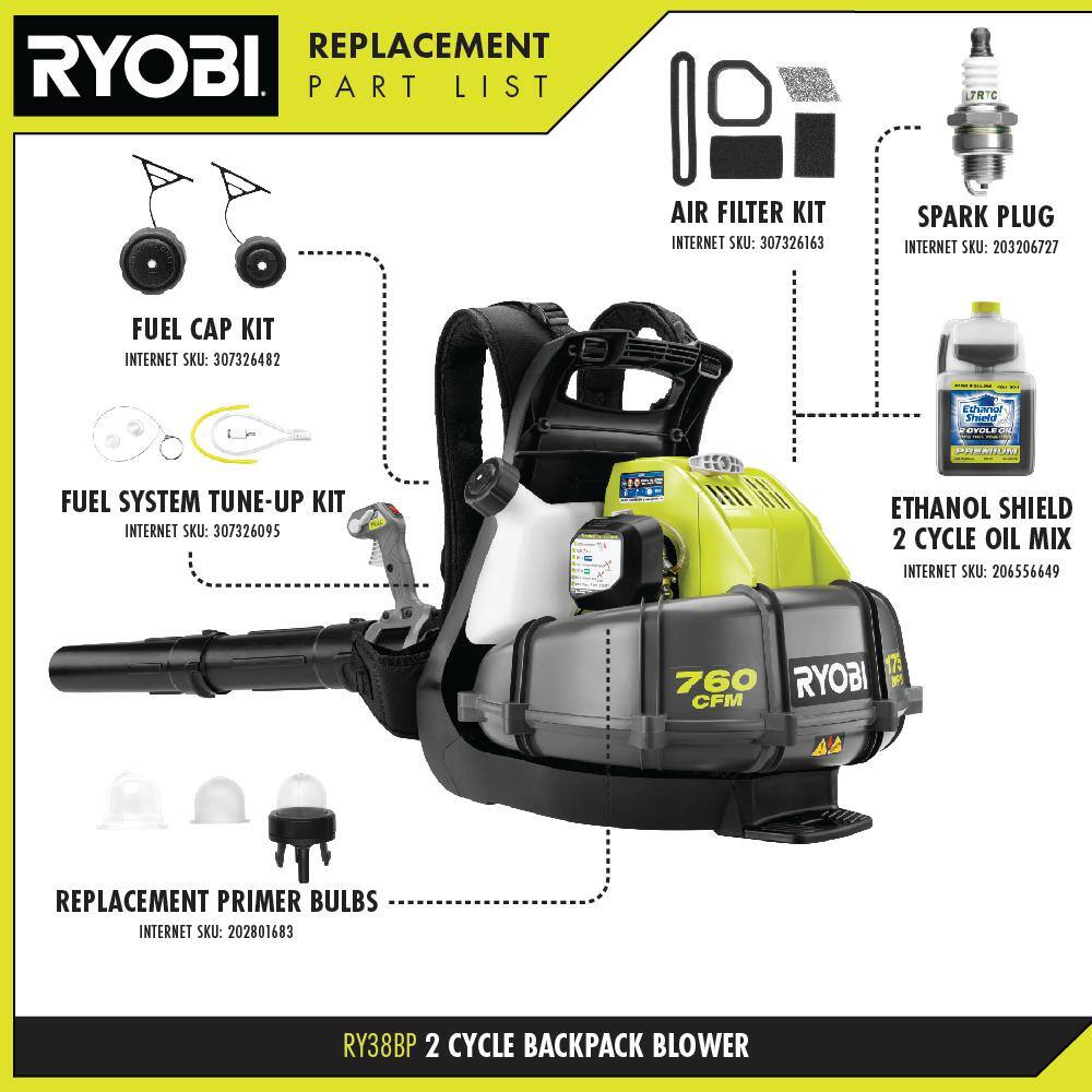 RYOBI 175 MPH 760 CFM 38cc Gas Backpack Leaf Blower