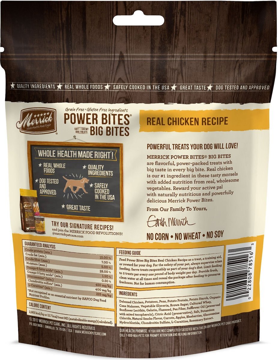 Merrick Power Bites Big Bites Real Chicken Recipe Grain-Free Soft and Chewy Dog Treats