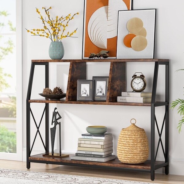 Console Table， 43 Inch Small White Entryway table with Storage Shelves