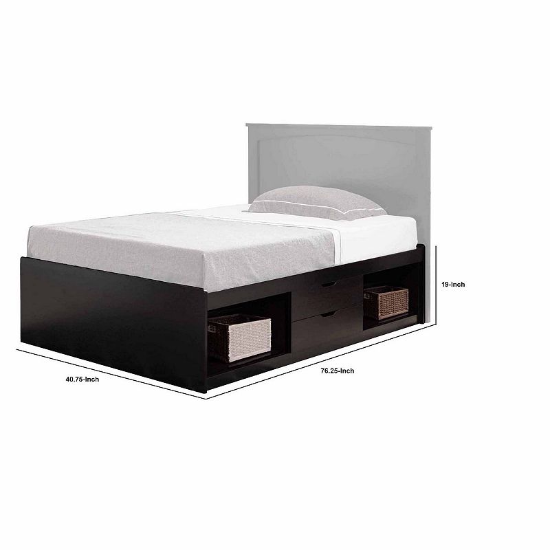 Modern Twin Low Platform Bed， 2 Drawers on Metal Glides， 2 Cubbies， Brown