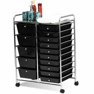 Costway 15-Drawer 4-Wheeled Rolling Storage Cart Tools Scrapbook Paper Office School Organizer in Black HW53825BK