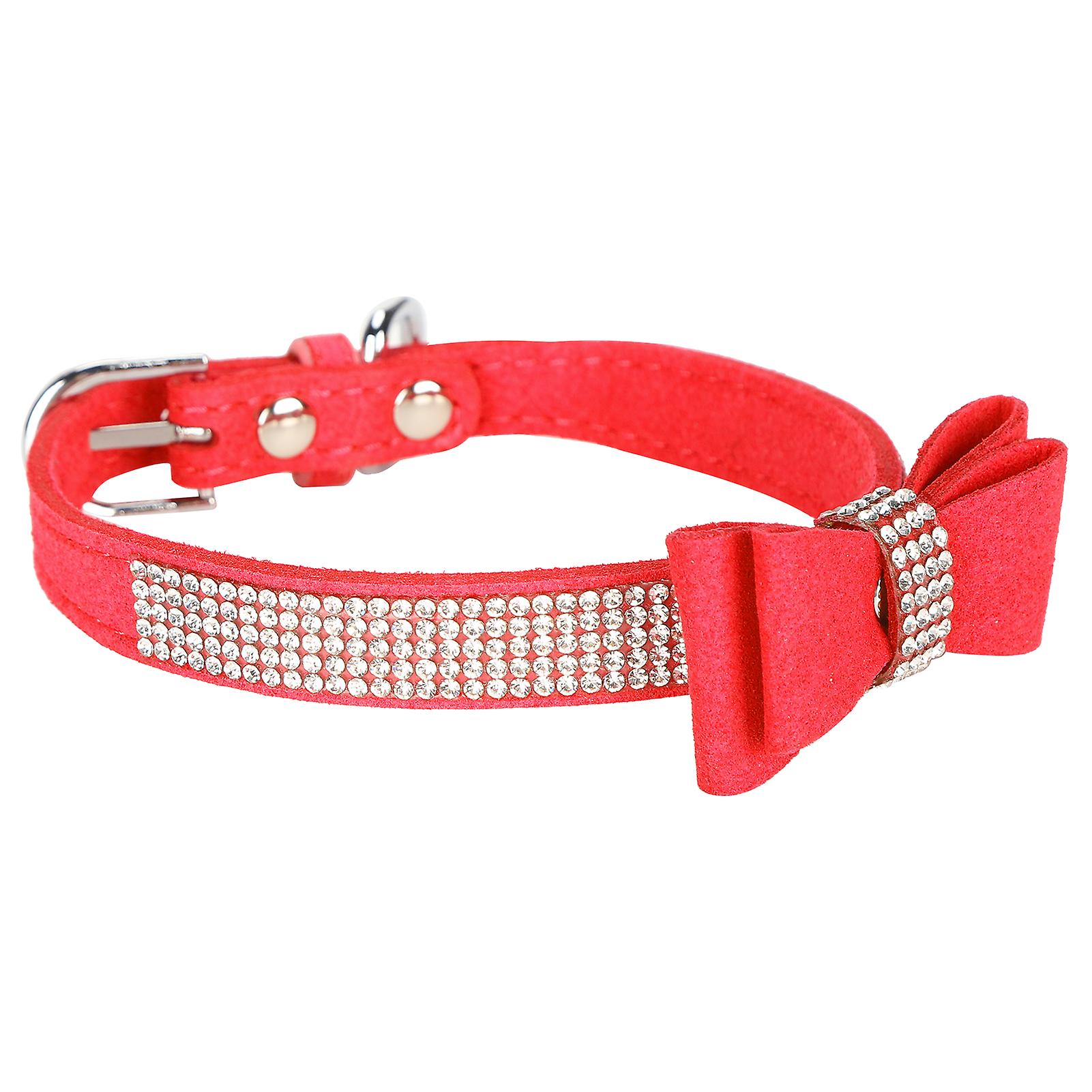 Suede Microfiber Double Bowknot Crystal Sparkle Rhinestone Cat Collar Pet Supplyred M 42x2.0cm