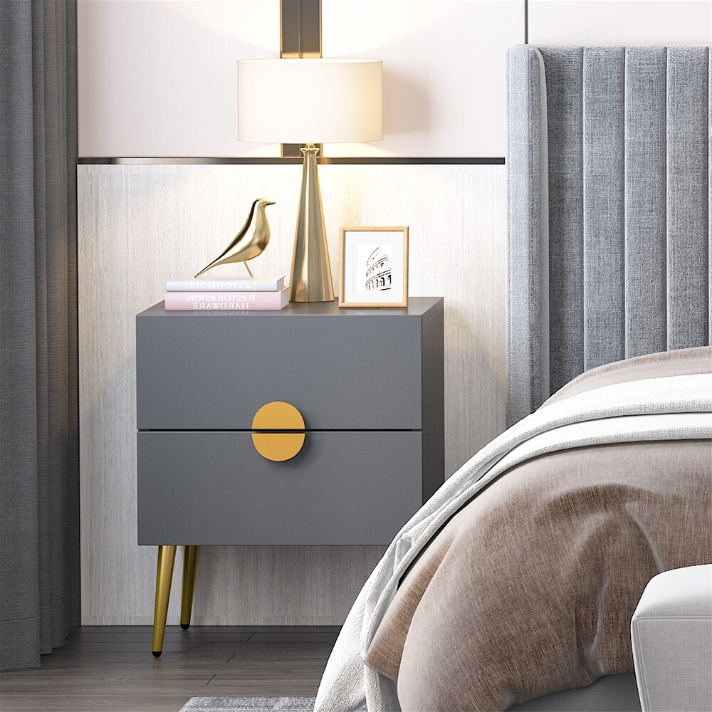 Dark Grey Wood Modern Nightstand with 2 Drawers  White/ Gold Mid century Contemporary Bedside Table with Storage