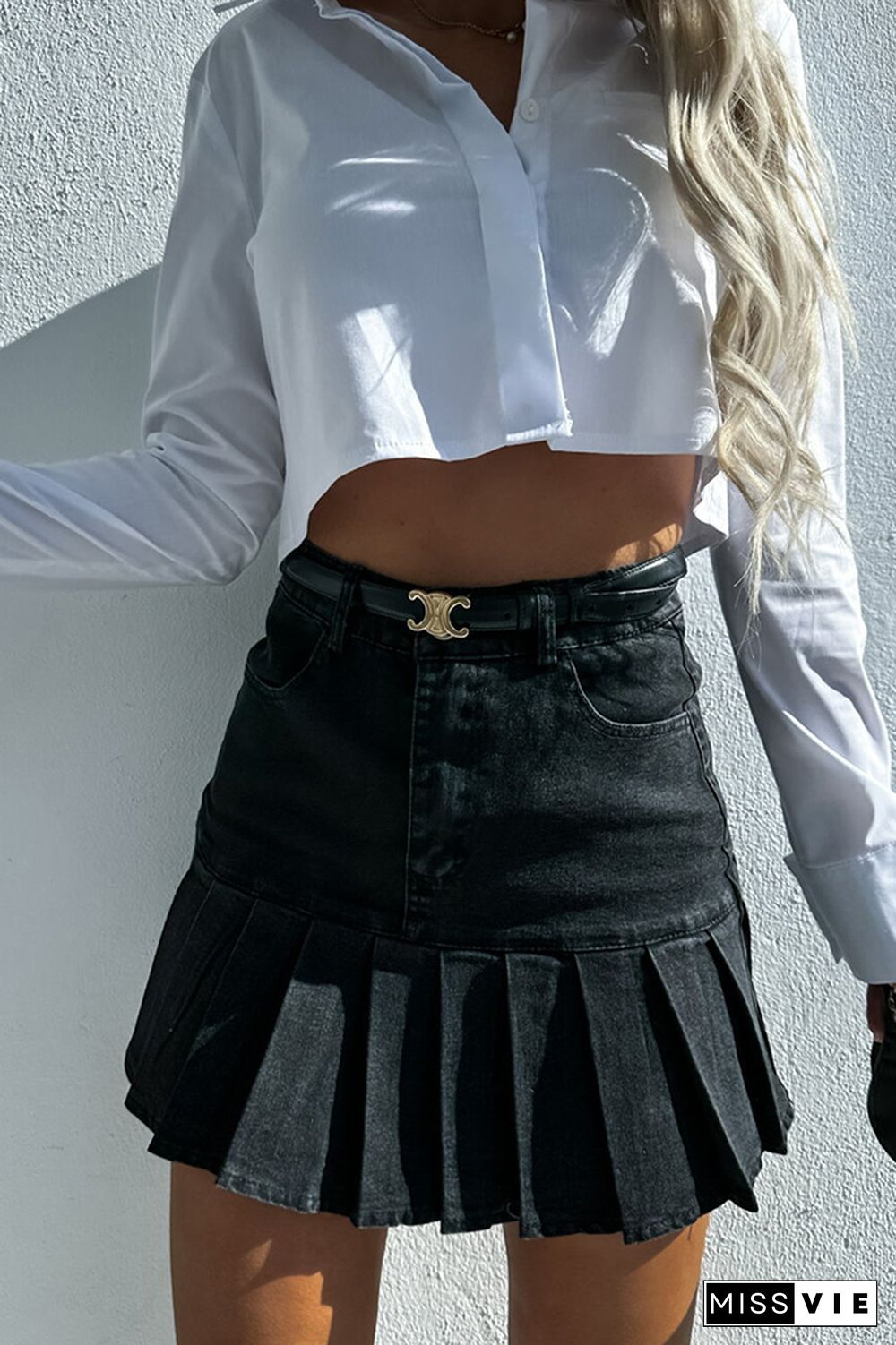 Pleated Short Denim Dress Skirt