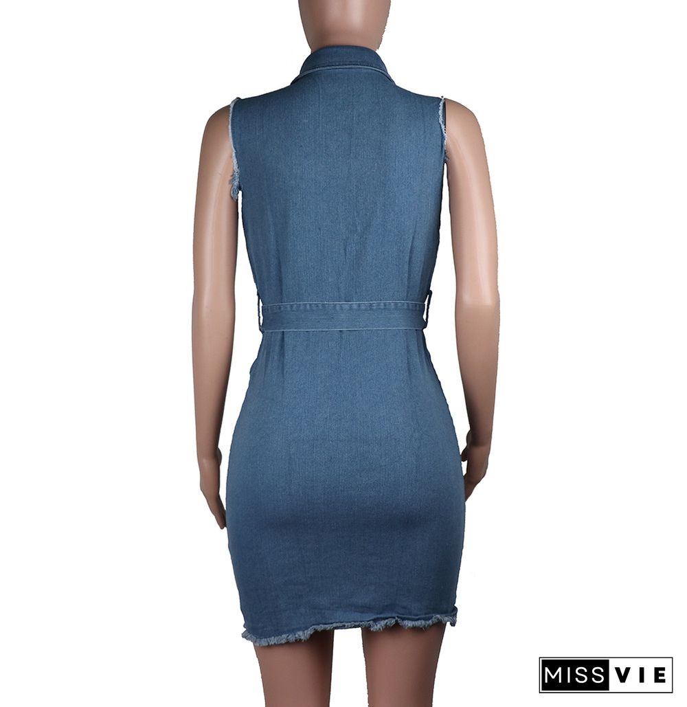 Casual High Street Women Summer Sleeveless Ripped Hole Straight Knee Length Denim Midi Dress