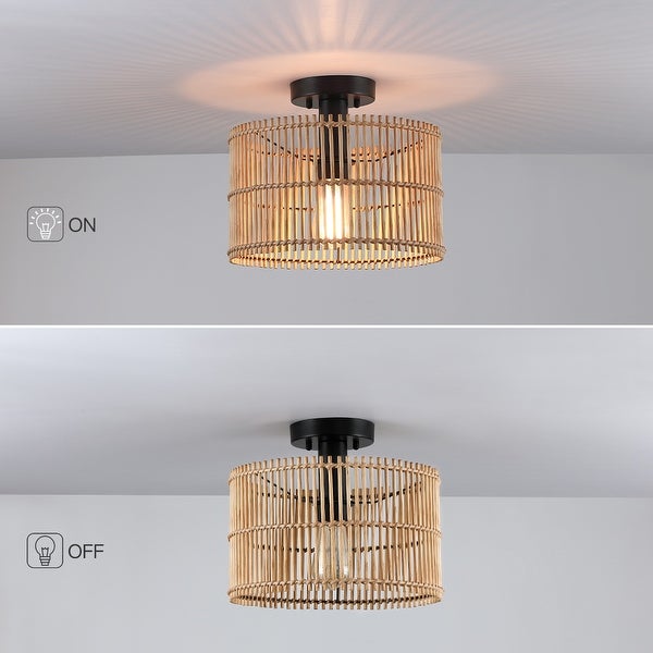 True Fine Eclectic Natural Rattan and Bamboo Semi Flush Mount Ceiling Light with Black Hardware - 11.8W