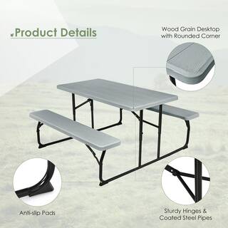 Costway Rectangle Metal Folding Indoor and Outdoor Picnic Table Bench Set with Wood-like Texture Grey OP70672GR