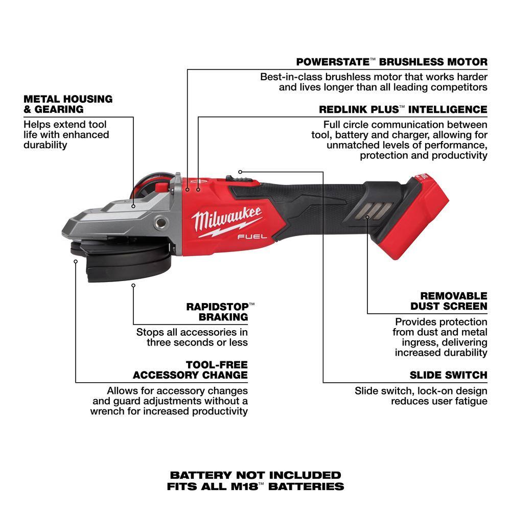 MW M18 FUEL 18V Lithium-Ion Brushless Cordless 5 in. Flathead Braking Grinder with Slide Switch Lock-On (Tool-Only) 2887-20