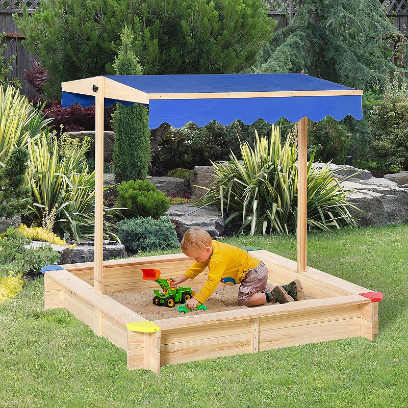 Outsunny Kids Sandbox with Covered Protection Under Adjustable Canopy， Wooden Sandbox Backyard Toy Outdoor Activity， 47 L x 47 W x 47 H， Natural and Blue