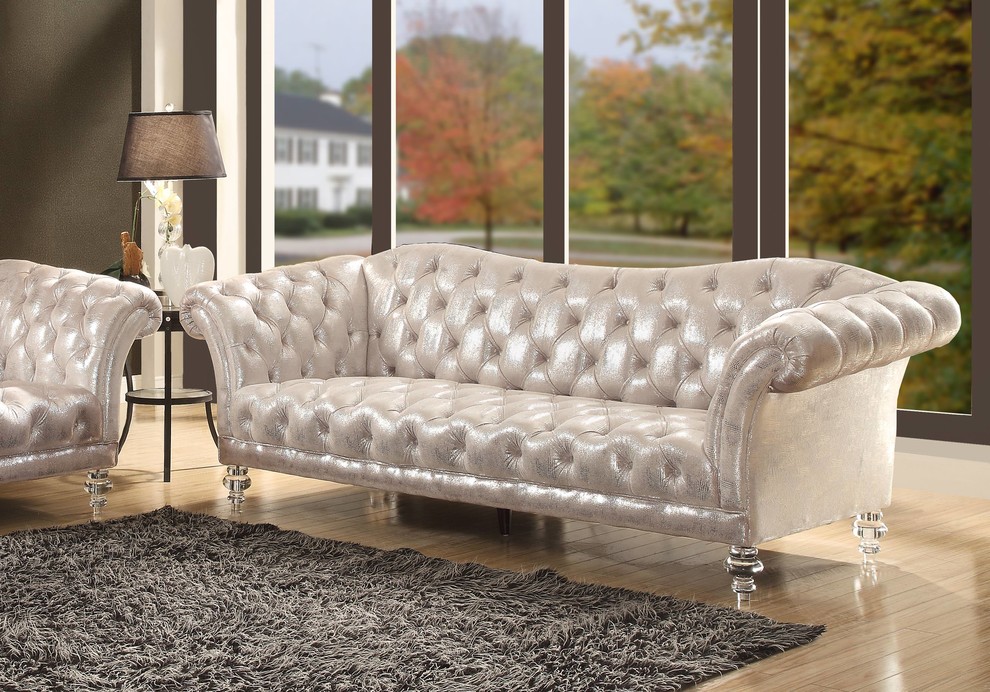 Acme Dixie Metallic Silver Fabric Tufted Sofa with Acrylic Legs   Traditional   Sofas   by HedgeApple  Houzz