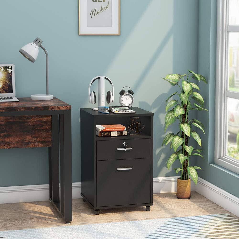 BYBLIGHT Atencio Black Mobile File Cabinet with Lock 2-Drawer Wood Filing Cabinet for Letter Size BB-C0343XF