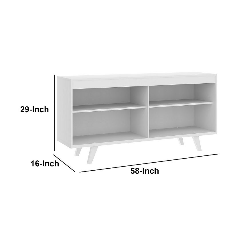 58 Inch Handcrafted Wood TV Media Entertainment Center Console， 4 Open Compartments， Angled Legs， White