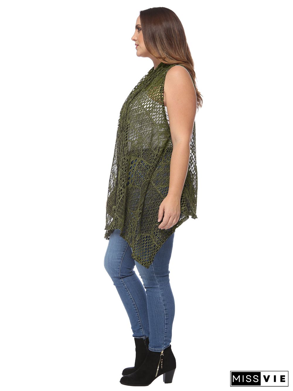 Plus Size Boho Open Front Crochet Cover Up Sleeveless Shawl Cardigan Vest, Olive Green